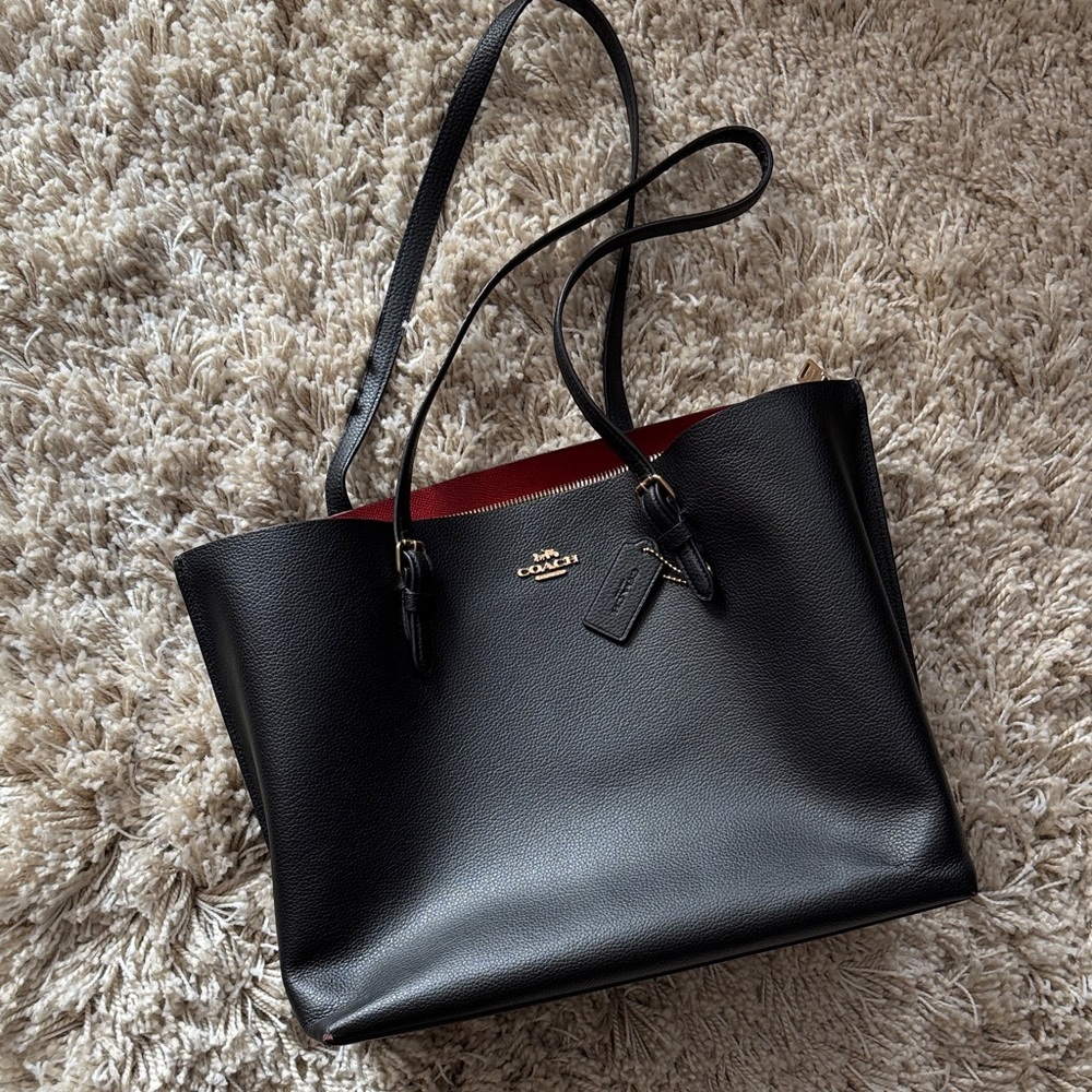 Coach Mollie Black Leather Tote with Red Interior Trim